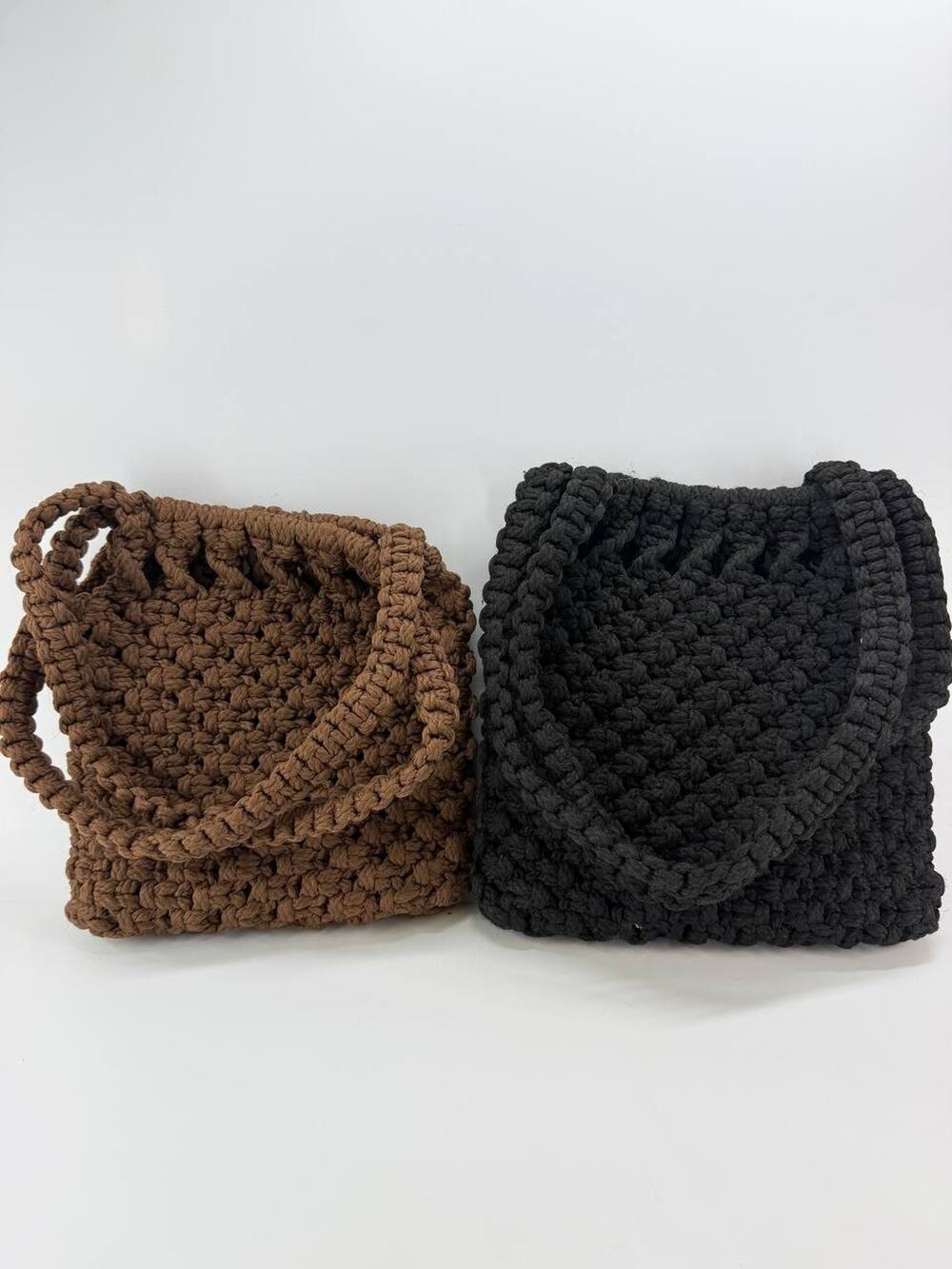 Handmade Crochet Shoulder Bags Brown Black Lined Boho Purse Set